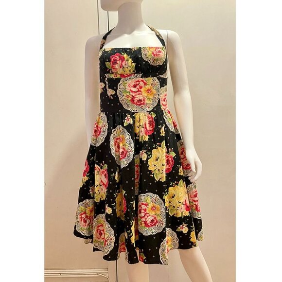 Bernie Dexter Halter Dress, retro, rockabilly, black floral XL 14-16 - Picture 1 of 5
